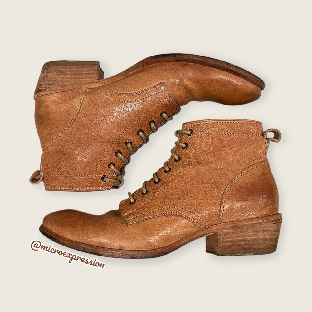 $369 Frye Carson Lace-Up Tan Cognac Real Leather Lace Up PullOn Heeled AnkleBoot - Picture 9 of 16